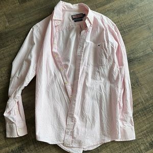 Mens Vineyard Vines pink and white striped slim fit tucker shirt